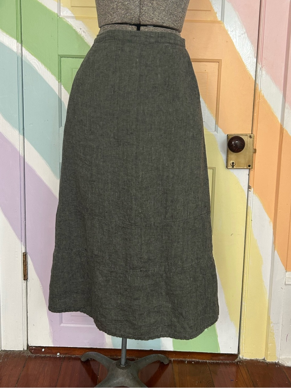 FLAX Women's 100% Linen Midi Skirt Sz Small Grey Stretch Waist Pockets 👽🧡